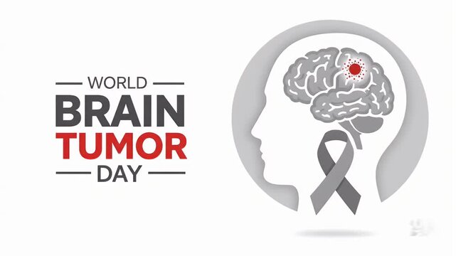 World brain tumor day awareness animation with human head silhouette and grey ribbon