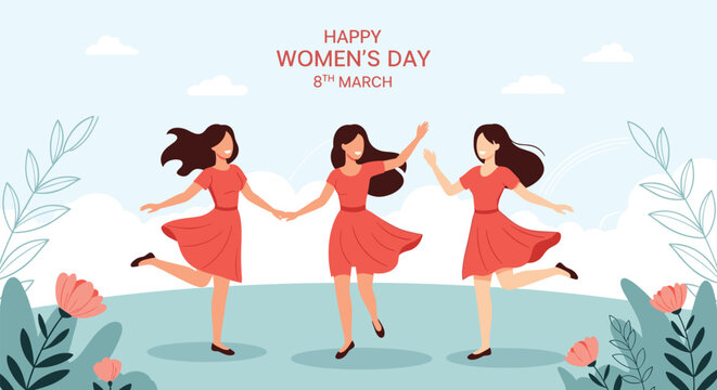 Three joyful women in red dresses dancing and celebrating International Women Day in a field of flowers under a clear blue sky.