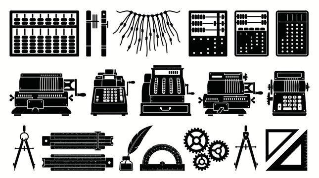 Mathematics engineering icons set featuring abacus tally sticks slide rules calculators compasses protractors gears quills drafting triangles