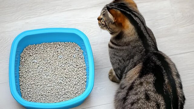 A cat explores its new litter box and learns to use it while the owner observes in a comfortable indoor setting