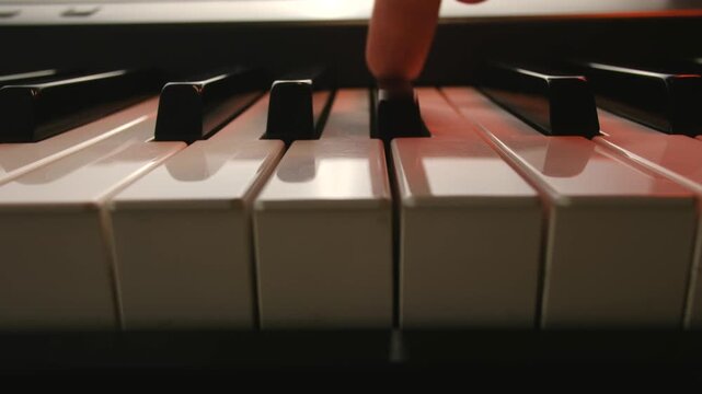 Close up musician fingers skillfully playing beautiful melody on black and white keys of piano, with dramatic, warm lighting highlighting performance. Close up musician playing piano keyboard