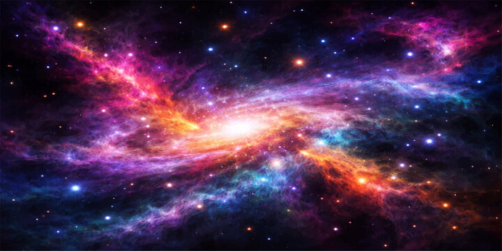 An abstract fantasy cosmos illustration of a deep outer space background featuring a bright nebula cloud, a glowing supernova, and distant galaxy constellations filling the dark infinity of the night 