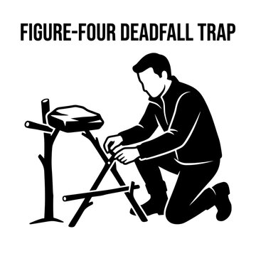 Man constructing a figurefour deadfall trap for survival purposes.