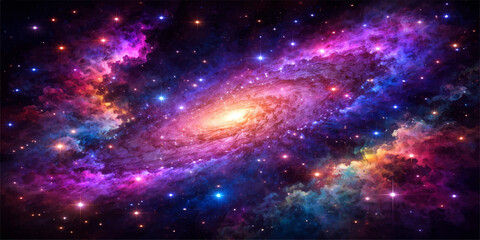An abstract space background of a dark galaxy and glowing nebula, where stars and cosmic dust shine across the infinite universe in a science fiction fantasy illustration © StockVista Creations