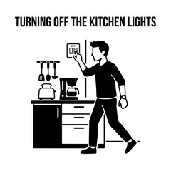 Fototapeta premium Mans Hand Reaching to Turn Off Kitchen Light Switch.