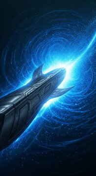 Futuristic spaceship traveling through a bright blue glowing space portal
