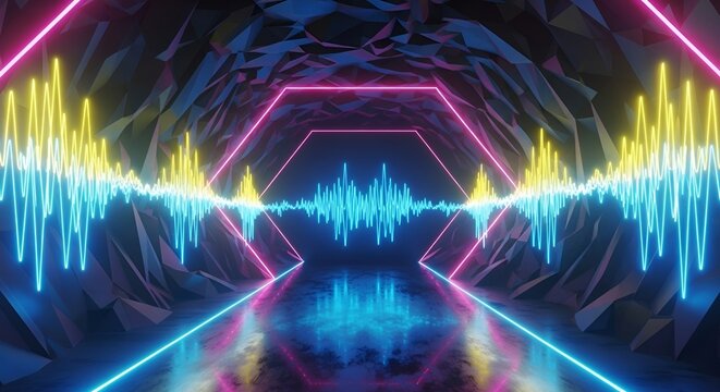 Futuristic Neon Sound Wave Tunnel 3D Render with Abstract Geometric Tunnel and Reflections for Music Technology and Nightlife Concepts