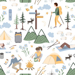 Fototapeta premium Seamless pattern with camping elements. Hand drawn design for fabric, print, wrapper, textile. Vector illustration.