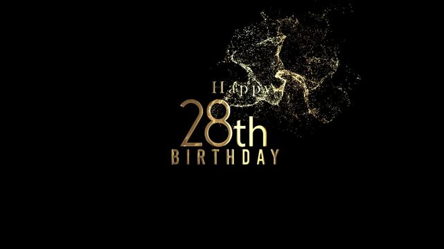 Happy 28th birthday banner with gold particles and transparent background, alpha channel