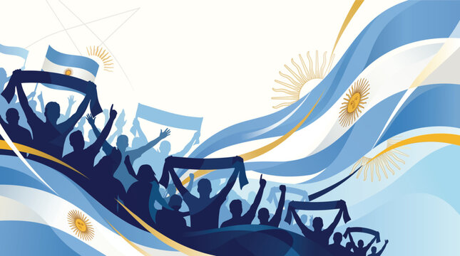 Argentina soccer fans cheering with flags and scarves, vector illustration