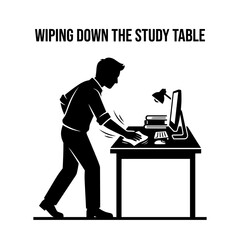 Naklejka premium Silhouette of a Person Cleaning a Study Desk with Computer.