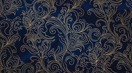 Elegant seamless pattern with gold floral swirls on a deep navy blue background © S.Siam