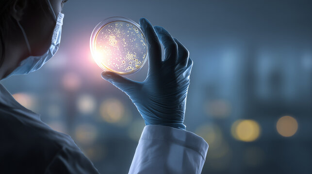 Gloved researcher in a face mask inspecting a glowing petri dish of bacterial colonies against soft blue laboratory light