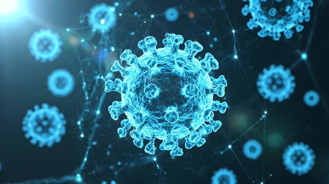 blue coronavirus cells floating in a digital microscopic environment with a glowing network