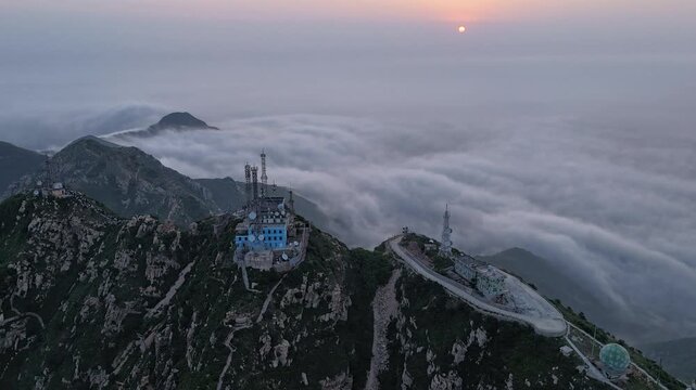 Cinematic Sunrise Above China Mountains &ndash; Satellite Tower and Golden Morning Light