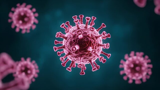 Coronavirus cells floating in a microscopic environment with protein spikes visible.