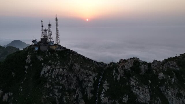 Cinematic Sunrise Above China Mountains &ndash; Satellite Tower and Golden Morning Light