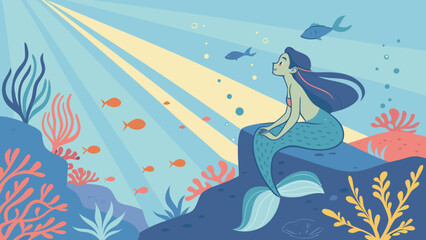 Cartoon mermaid sitting on underwater rock reef with sun rays and tropical fish © robi