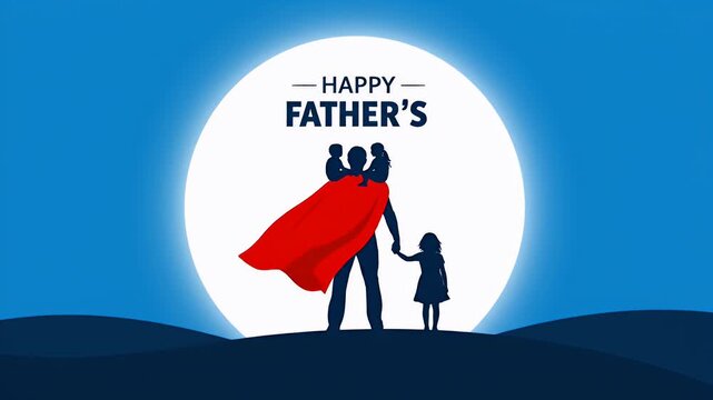 Superhero father silhouette with children on a hill against a glowing full moon view