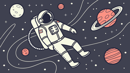 Cartoon astronaut floating in deep outer space with planets and stars, astronaut © robi