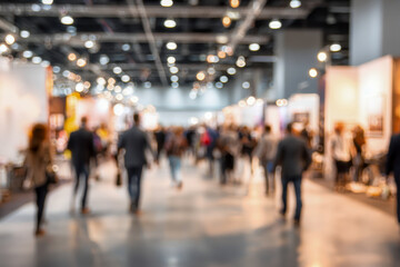 Fototapeta premium Blurred view of people walking through a spacious, brightly lit indoor exhibition or trade show bustling with activity and various displays on either side