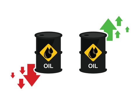 Conceptual illustration of fluctuating oil prices with barrels and directional arrows representing decline and increase in value and market trends