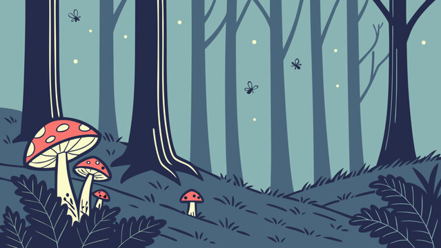 Magical woodland scene with mushrooms and fireflies vector graphic, mushroom