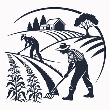 Farmers working in a field with a house and trees in the background, agriculture