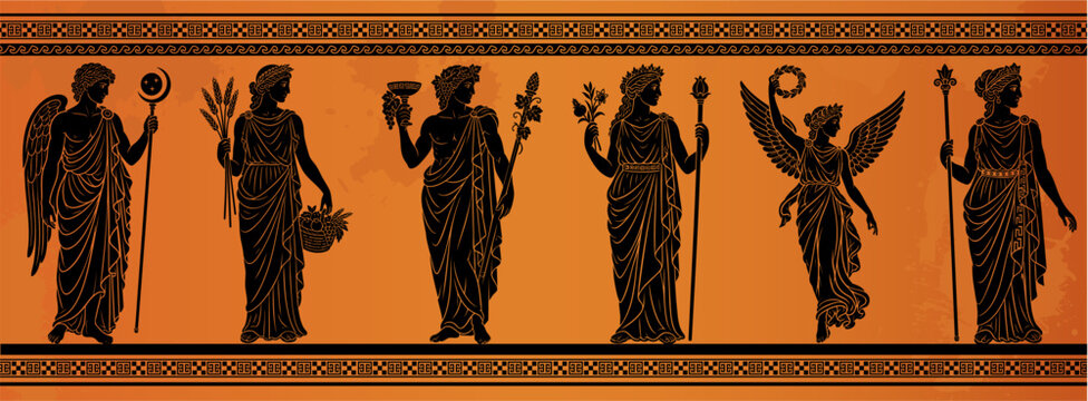 Ancient Greek goddesses Eos, Demeter, Hera, Athena and Nike with Dionysus. Mythology black figure silhouettes on antique pottery vector illustration