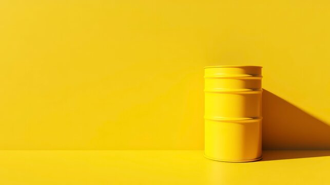 A single yellow oil barrel stands against a yellow background, casting a long shadow.