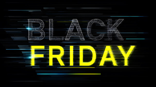 Black Friday glitch digital typography with neon lines on dark background