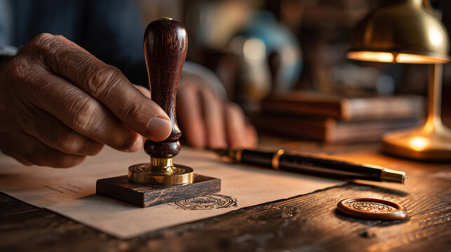 Close-up of a notary pressing a brass embosser onto a document at a wooden desk with a fountain pen and wax seal under warm lamplight