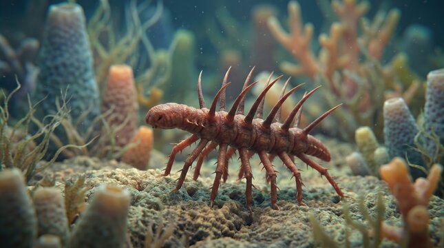 Prehistoric Hallucigenia creature crawling on Cambrian seabed with ancient sponges, 3D render of extinct marine invertebrate for paleontology and evolution education