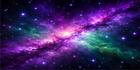 An abstract cosmic galaxy background illuminates the deep dark universe with bright stars, glowing nebulas, and fantasy planets drifting through outer space © StockVista Creations