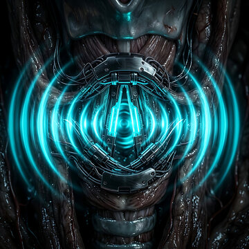 Sci-fi futuristic cyborg mouth with glowing blue sound waves