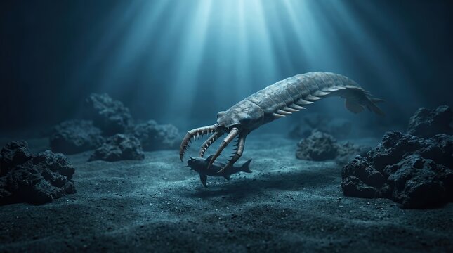 Prehistoric Cambrian Sea Predator Hunting Fish in Deep Ocean Floor Environment, Ancient Marine Arthropod Illustration for Paleontology and Evolution Concepts