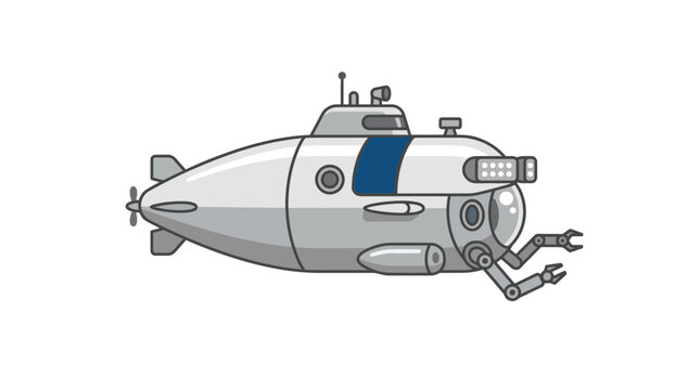 Cartoon Submarine with Robotic Arms and Torpedoes, Isolated on White Background