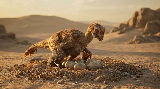 Oviraptor dinosaur brooding on nest of eggs in prehistoric desert landscape, realistic 3D render of ancient theropod wildlife for paleontology and science education