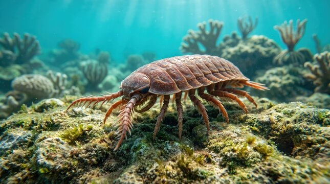 Giant Isopod Crawling on Coral Reef Underwater Marine Life Concept for Deep Sea Biology Research and Ocean Conservation Education and Documentary Visuals
