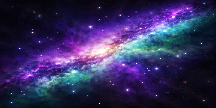 An abstract deep space background featuring a bright nebula, distant galaxy, and glowing stars scattered across a dark blue universe starfield