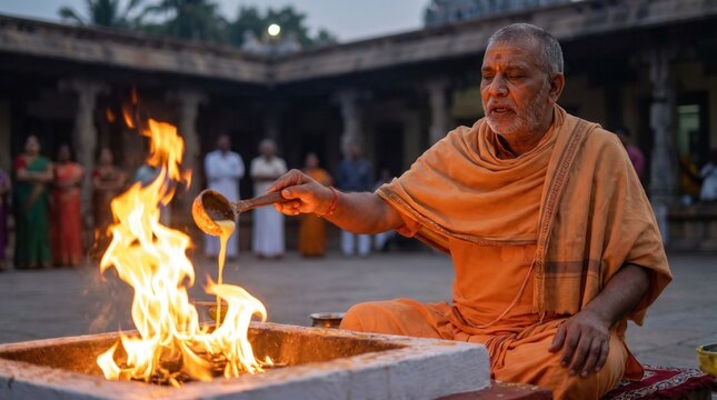 Elderly Indian Hindu Priest Performing Yajna Fire Ritual Offering Ghee into Sacred Flame in Temple Courtyard for Spiritual Purification and Vedic Ceremony