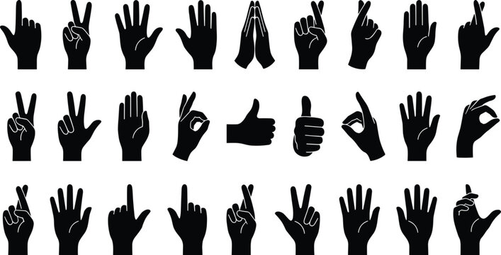 Hand gesture silhouette illustration with peace sign, thumbs up, praying hands, OK symbol, and expressive vector elements