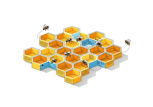 Honeycomb structure with bees in isometric style golden yellow and blue