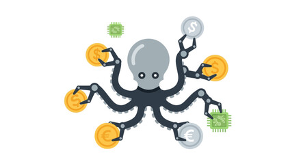 A robotic octopus holding various currency coins and electronic circuit boards © Arisa