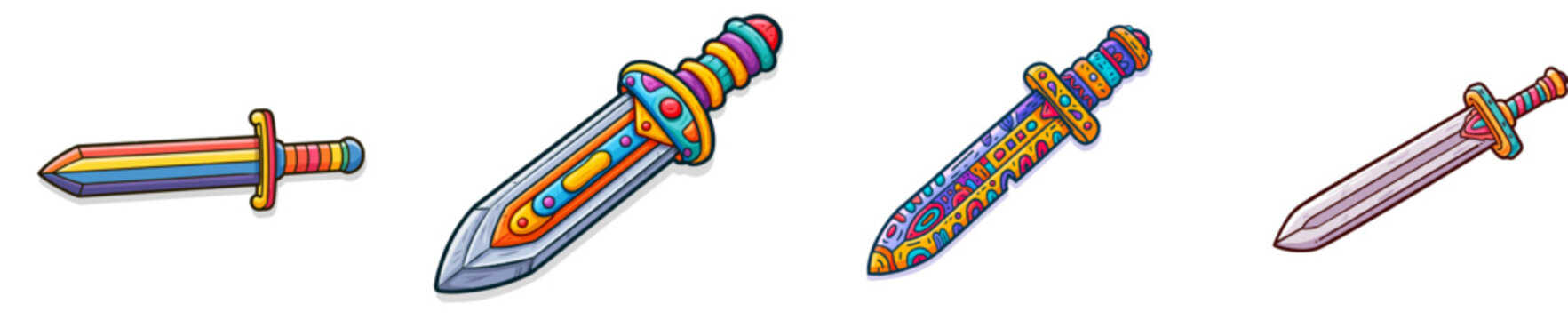 A vibrant, whimsical toy sword with a blunt end and colorful hilt stands out against a clean, white background in this playful illustration