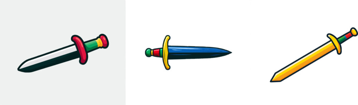A vibrant, whimsical toy sword with a blunt end and colorful hilt stands out against a solid white background, showcasing bold, clean lines in a cute, hand-drawn style