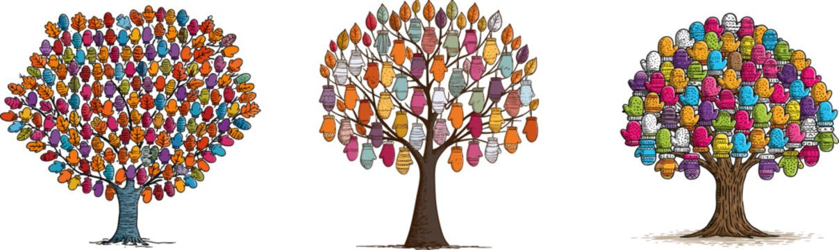 A whimsical autumn tree adorned with vibrant winter mittens in various colors, isolated on a solid white background for vector tracing