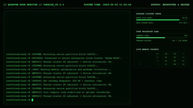 Quantum node monitor console screen with green digital computer terminal code tracking cloud storage infrastructure and core processor load metrics.