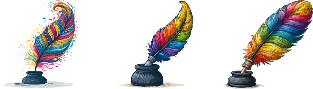 A vibrant, whimsical feather quill illustration in bold, clean lines and bright colors, isolated on a white background with high contrast for vector tracing