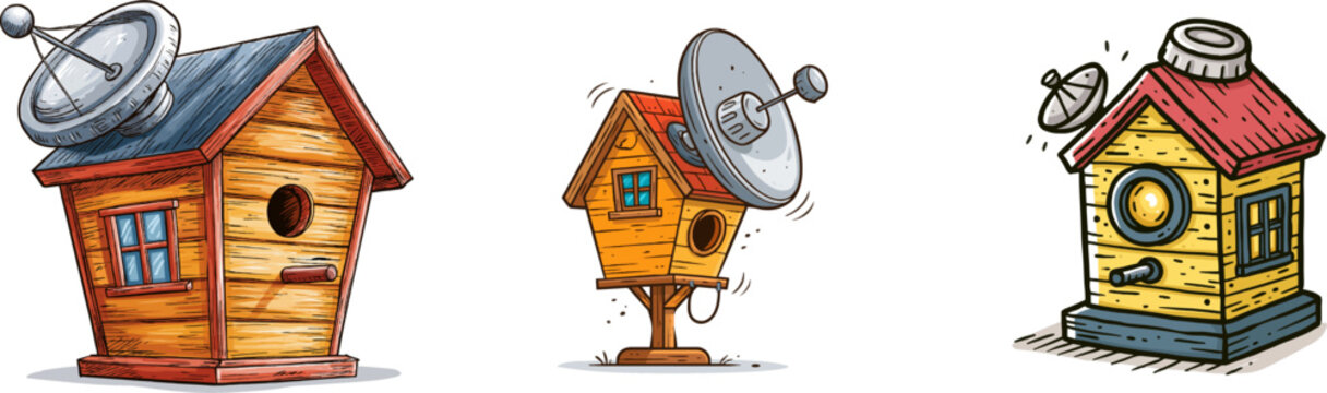 A whimsical wooden birdhouse adorned with a satellite dish made from a silver bottle cap stands isolated on a solid white background, showcasing vibrant colors and bold outlines in a cute, child-like